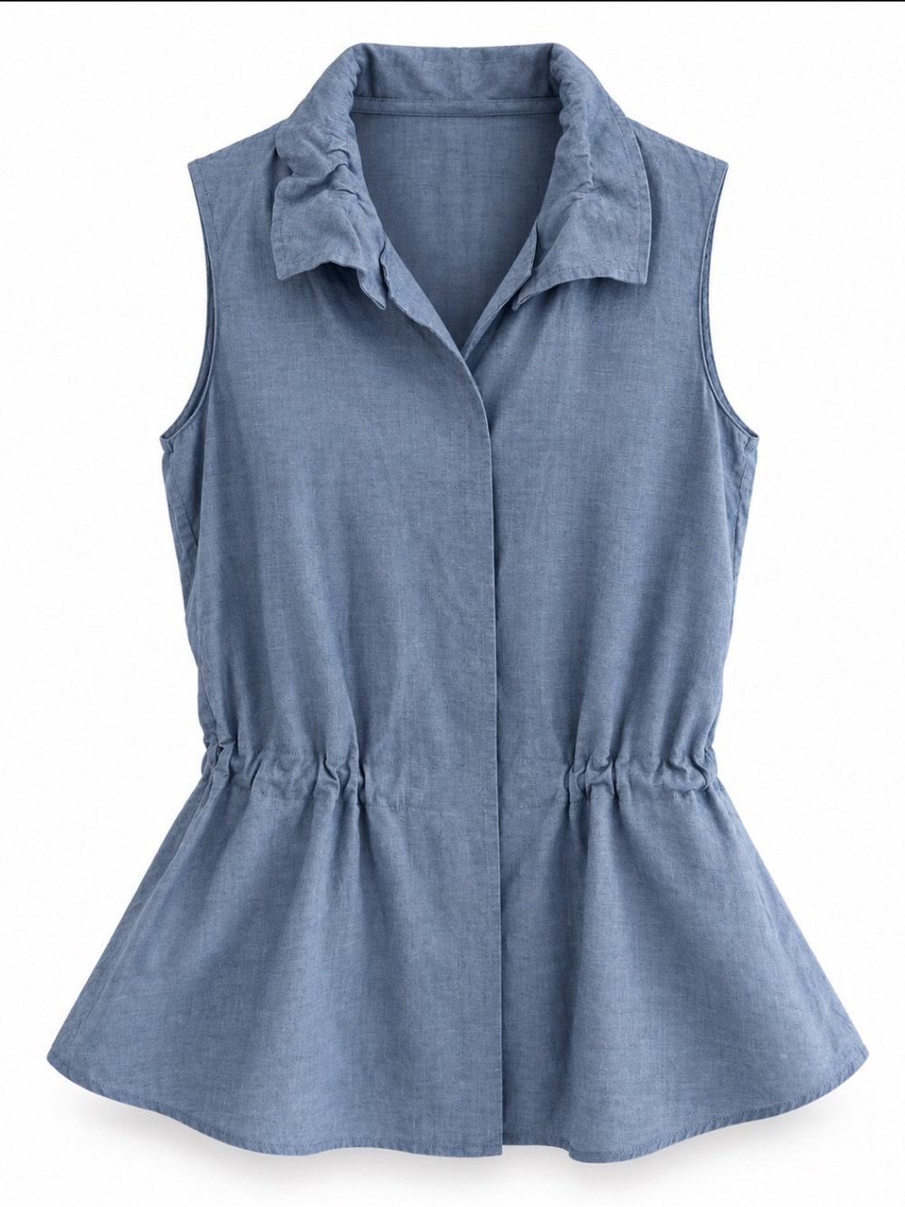 AKRIS Chambray Vest Blouse Womens 4 Cotton Snap Closure Ruffle Collar Blue